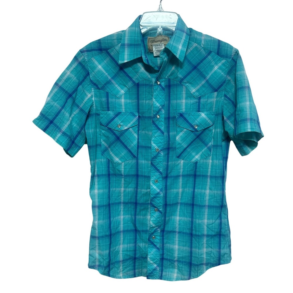 Wrangler Western Shirts Mens Blue Plaid Button Down‎ Short Sleeve Shirt Size S